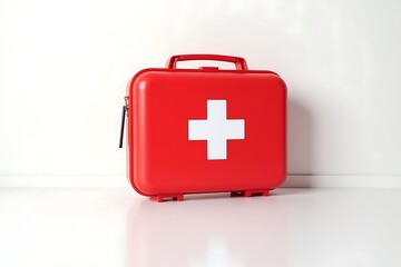 Fototapeta premium High-resolution stock photo of a red modern first aid kit with a white cross symbol on a clean white background, representing emergency preparedness and medical care 