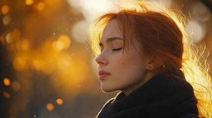 Redhead woman sneezing at autumn park. cold.