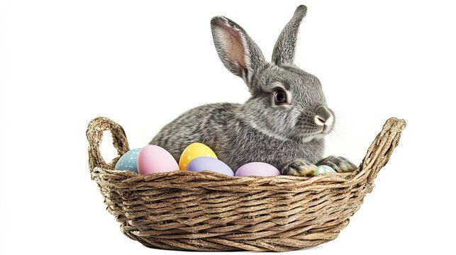 Cute gray bunny sitting in a basket, paired with colorful Easter eggs placed on a white tabletop, perfect for Easter themed design, providing ample text space.