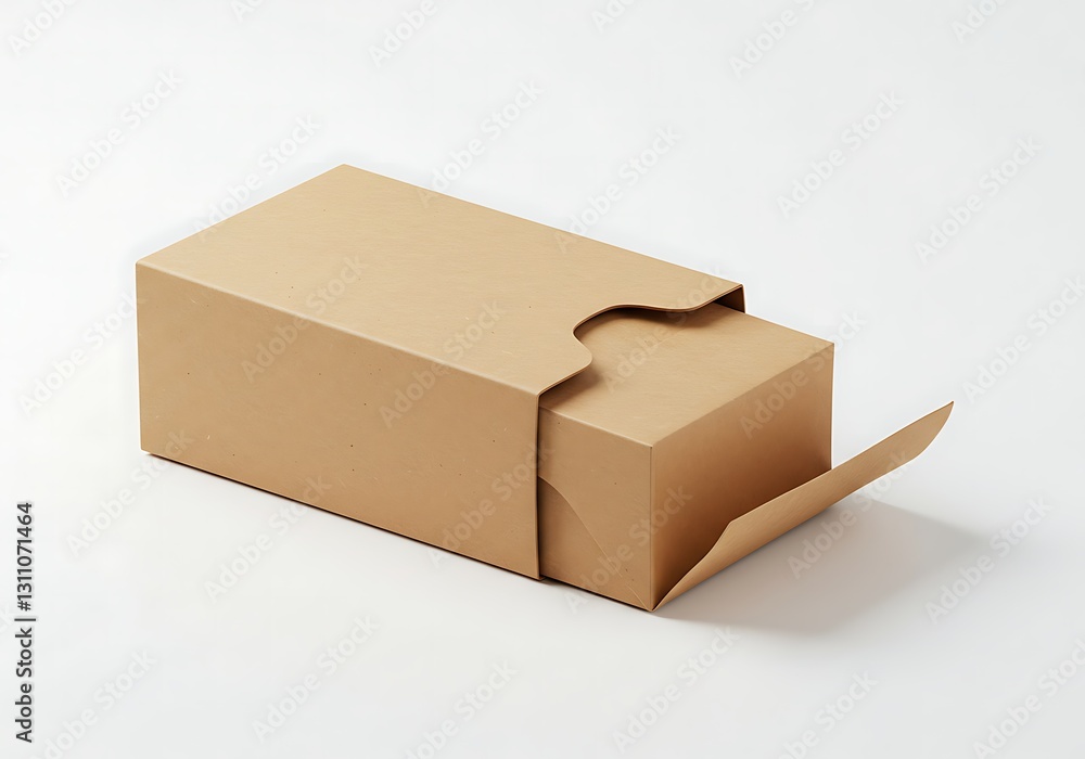 Poster unpacking cardboard box displaying simple packaging design on white surface