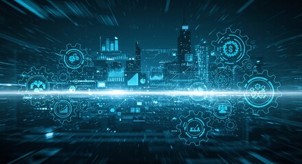 Obraz premium Abstract city skyline glows vibrantly with dynamic data visualizations and futuristic technology cleverly arranged. AI Generated