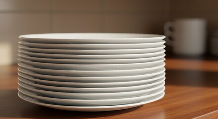Neatly Stacked White Plates Warm Kitchen Light. AI Generated