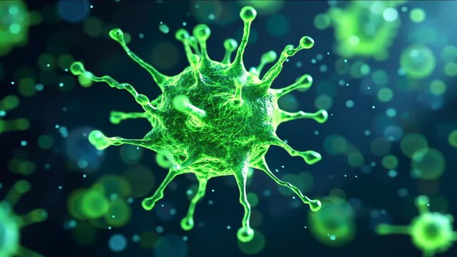 Detailed Illustration of Green Virus Microscopic View of Pathogens and Microorganisms with Bokeh Science Background