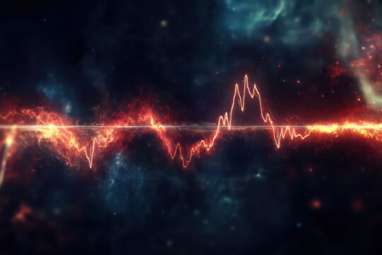 A cyberpunk-inspired medical concept: an ECG line pulsating with electric energy, floating in deep space