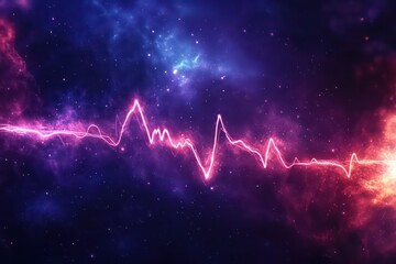A cyberpunk-inspired medical concept: an ECG line pulsating with electric energy, floating in deep space