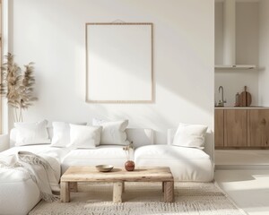 A modern living room with a white couch. a wooden coffee table. and a large empty picture frame on the wall The room is decorated in a minimalist style with neutral colors and natural textures