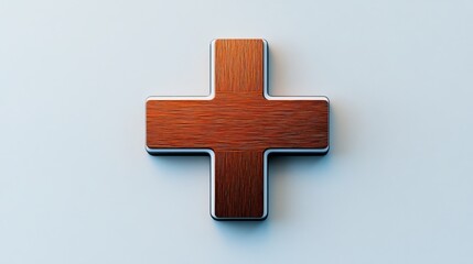 Obraz premium Stylized wooden plus sign symbol on a light background.