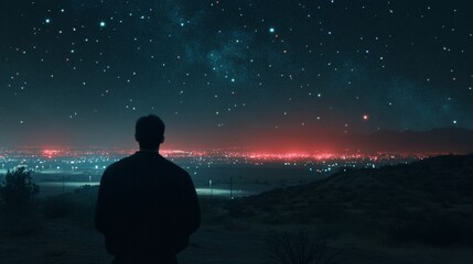 Fototapeta premium A Person Gazing at a Starry Sky Over a Vast Digital Landscape