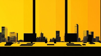 Cityscape office view, golden hour, work station