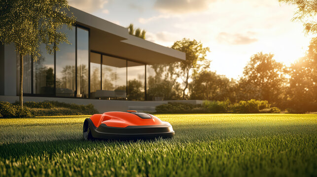 Automatic robotic lawn mower on a green lawn with modern house in background. Grass lawn mower robot in sunny summer day. Robotic lawn mower cutting grass in a well-maintained garden.