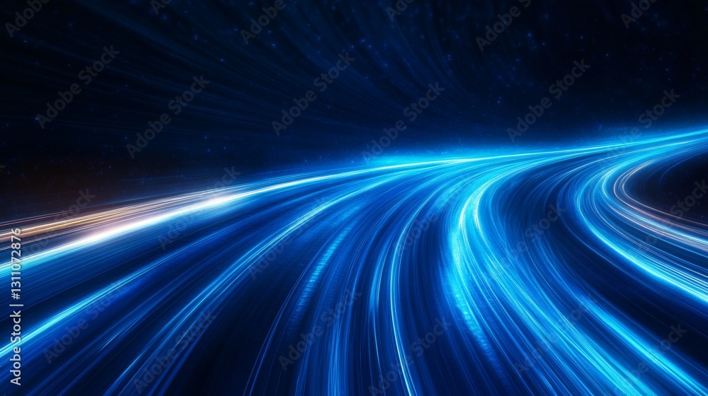 Poster bright blue light trails curve dynamically against a dark background, creating a sense of speed and 