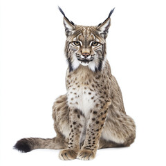 Obraz premium Iberian lynx sitting on white background, looking alert