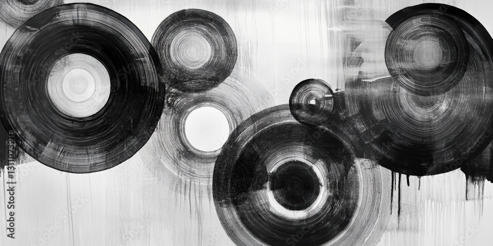 Poster abstract circles in monochrome: an artistic composition of overlapping black and gray circles agains
