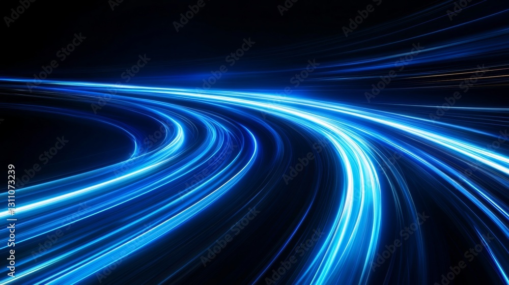 Poster bright blue light trails curve dynamically against a dark background, creating a sense of speed and 