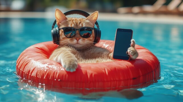 The beige cat in headphones and sunglasses with a smartphone is lying on an inflatable watermelon ring and listening to music in the swimming pool. blue water background. funny.