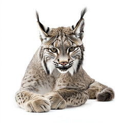 Obraz premium Iberian lynx lying on white background, looking alert