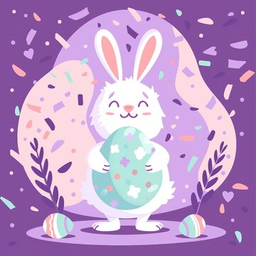 Easter Bunny Holding Oversized Decorated Egg in Flat Vector Style, Lavender and Mint Color Blocks, Geometric Flower Patterns, Confetti Explosion Background, Perfect for Spring Holiday Designs.