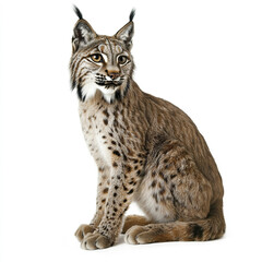 Iberian lynx sitting on white background, looking alert