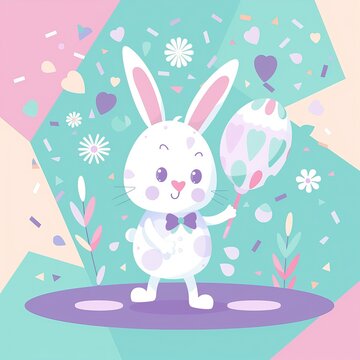 Easter Bunny Holding Oversized Decorated Egg in Flat Vector Style, Lavender and Mint Color Blocks, Geometric Flower Patterns, Confetti Explosion Background, Perfect for Spring Holiday Designs.