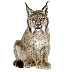 Iberian lynx sitting on white background, looking alert