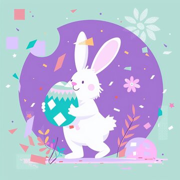 Easter Bunny Holding Oversized Decorated Egg in Flat Vector Style, Lavender and Mint Color Blocks, Geometric Flower Patterns, Confetti Explosion Background, Perfect for Spring Holiday Designs.