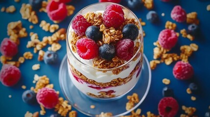 yogurt and cereal and raspberries