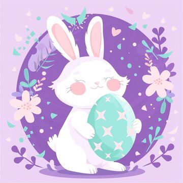 Easter Bunny Holding Oversized Decorated Egg in Flat Vector Style, Lavender and Mint Color Blocks, Geometric Flower Patterns, Confetti Explosion Background, Perfect for Spring Holiday Designs.