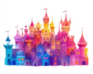 Obraz premium Colorful fairytale castle town, hearts, fantasy illustration, children's book