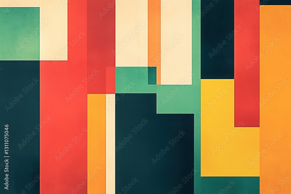 Poster geometric composition: a vibrant abstract design composed of overlapping rectangles and lines, featu