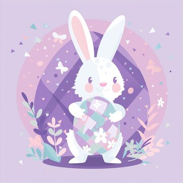 Easter Bunny Holding Oversized Decorated Egg in Flat Vector Style, Lavender and Mint Color Blocks, Geometric Flower Patterns, Confetti Explosion Background, Perfect for Spring Holiday Designs.