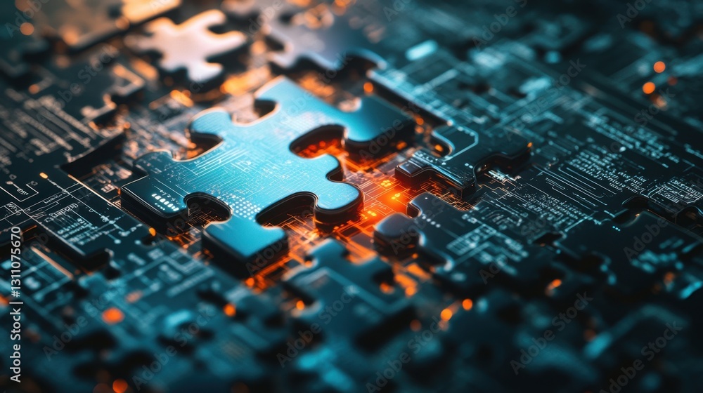 Poster a 3d-rendered puzzle structure morphing into a digital solution network.