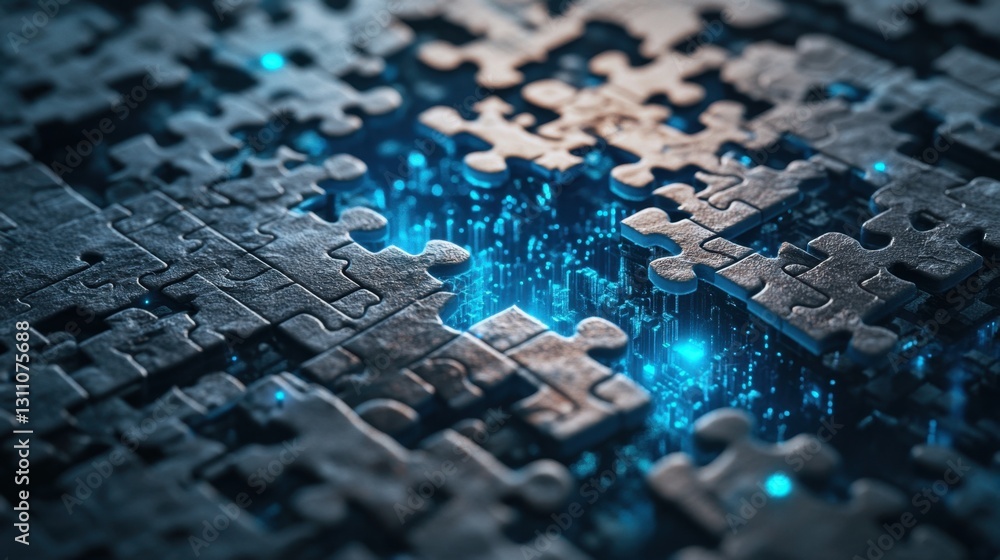 Poster a 3d-rendered puzzle structure morphing into a digital solution network.