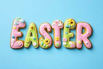 Colorful Easter cookies shaped like the word “Easter” with floral and dotted icing decorations, set against a light blue background, perfect for Easter holiday celebrations and festive decorations.