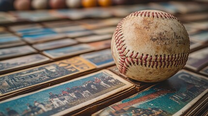 Vintage baseball memorabilia with old cards and classic ball on display
