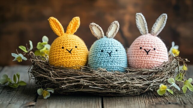 Four cute crochet Easter eggs, wearing rabbit ears, comfortably lying in a nest on a wooden table, celebrating Easter and holidays.