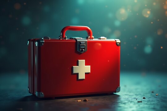 Cinematic close-up of a red first aid kit with a white cross, metallic latch, and soft glowing edges against a gradient blue background  
