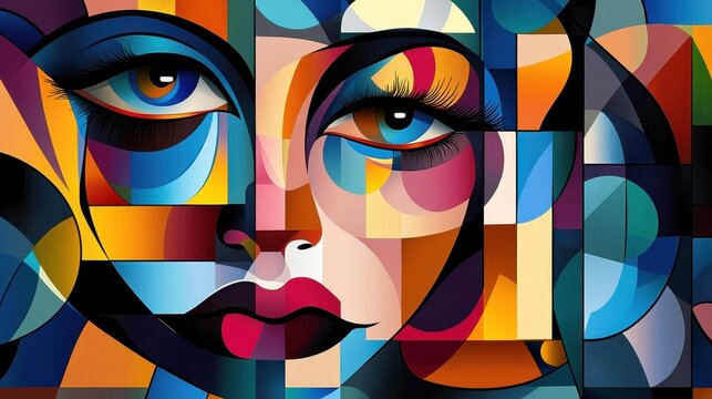 Visually arresting digital art with a cubist style face composed of abstract shapes and vibrant colors for wallpaper. art.