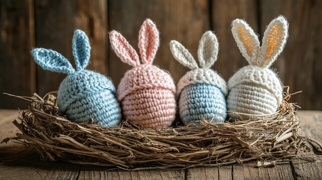Four cute crochet Easter eggs, wearing rabbit ears, comfortably lying in a nest on a wooden table, celebrating Easter and holidays.