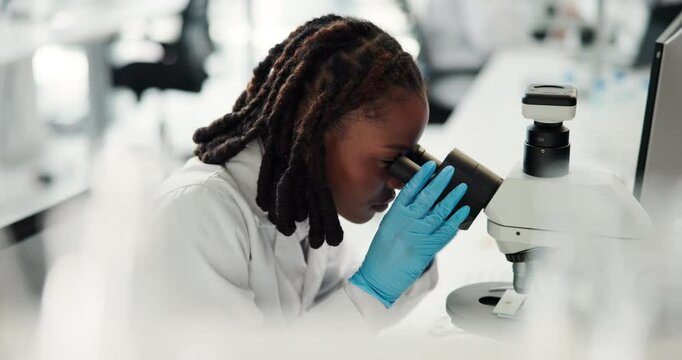 Black woman, microscope and study with science at laboratory, research and medical breakthrough. Person, tools and lens for zoom, bacteria and process for virus, vaccine and pharmaceutical drugs