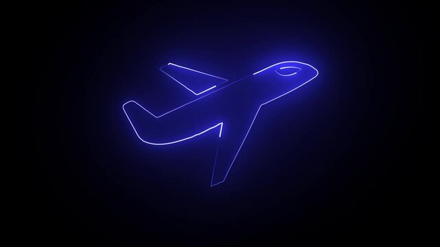 Glowing neon plane sign icon animation. Personal airplane, private jet, air journey and transportation, flight.