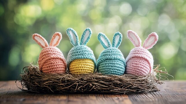 Four cute crochet Easter eggs, wearing rabbit ears, comfortably lying in a nest on a wooden table, celebrating Easter and holidays.