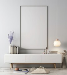 Minimalist living room interior with a white console. a blank poster frame. and a pendant lamp