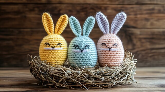 Four cute crochet Easter eggs, wearing rabbit ears, comfortably lying in a nest on a wooden table, celebrating Easter and holidays.