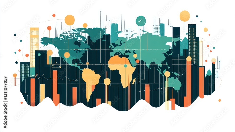 Poster global economic trends; world map data visualization; charts; graphs; background cityscapes; analysi