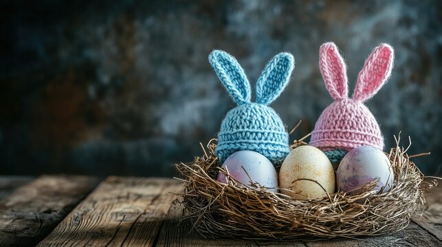 Four cute crochet Easter eggs, wearing rabbit ears, comfortably lying in a nest on a wooden table, celebrating Easter and holidays.