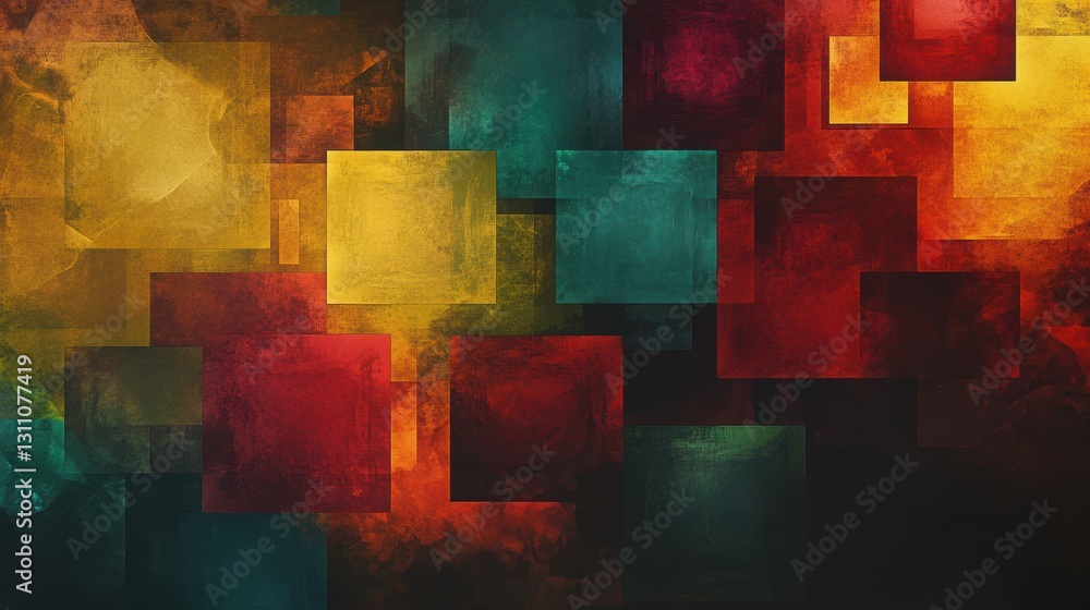 Poster vibrant squares abstract: an eye-catching abstract composition of colorful squares overlapping in a 