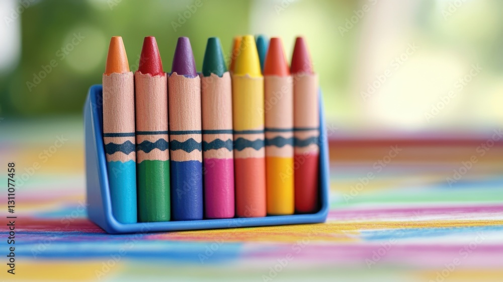 Aufkleber a bright pastel crayon box open on a smooth surface, with colorful sticks in a neat row and space fo