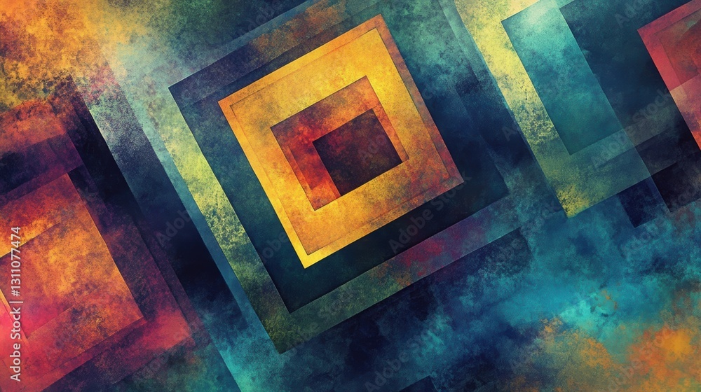 Poster geometric abstraction: a captivating abstract composition features layered squares in a spectrum of 