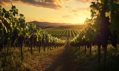 Naklejka premium Vineyard Path at Sunset