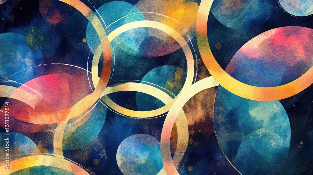 Poster abstract circles: a vibrant, watercolor-style artwork featuring overlapping golden and colorful circ